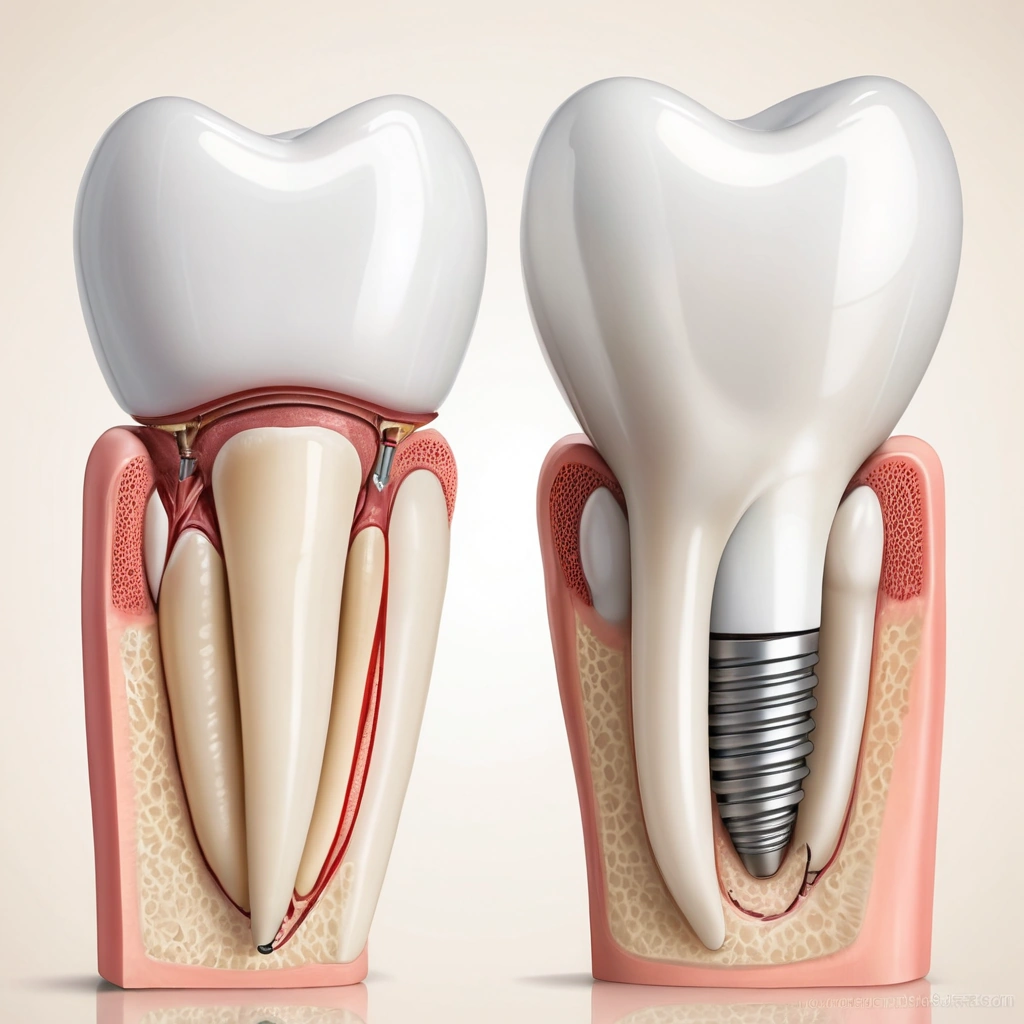 A professional dental illustration showing a side-by-side comparison of a natural tooth and a dental implant in a human jawbone, with clear labels highlighting advantages like durability and natural appearance on one side, and disadvantages like surgical procedure and cost on the other side, clean medical diagram style, soft lighting