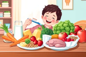 A vibrant, educational illustration showing a balanced diet for dental health: fresh vegetables like carrots and broccoli, dairy products such as milk and cheese, lean proteins like chicken and fish, whole grains, and fruits like apples and strawberries, arranged neatly on a wooden table with a smiling child holding a toothbrush in the background, soft natural lighting, clean and inviting atmosphere