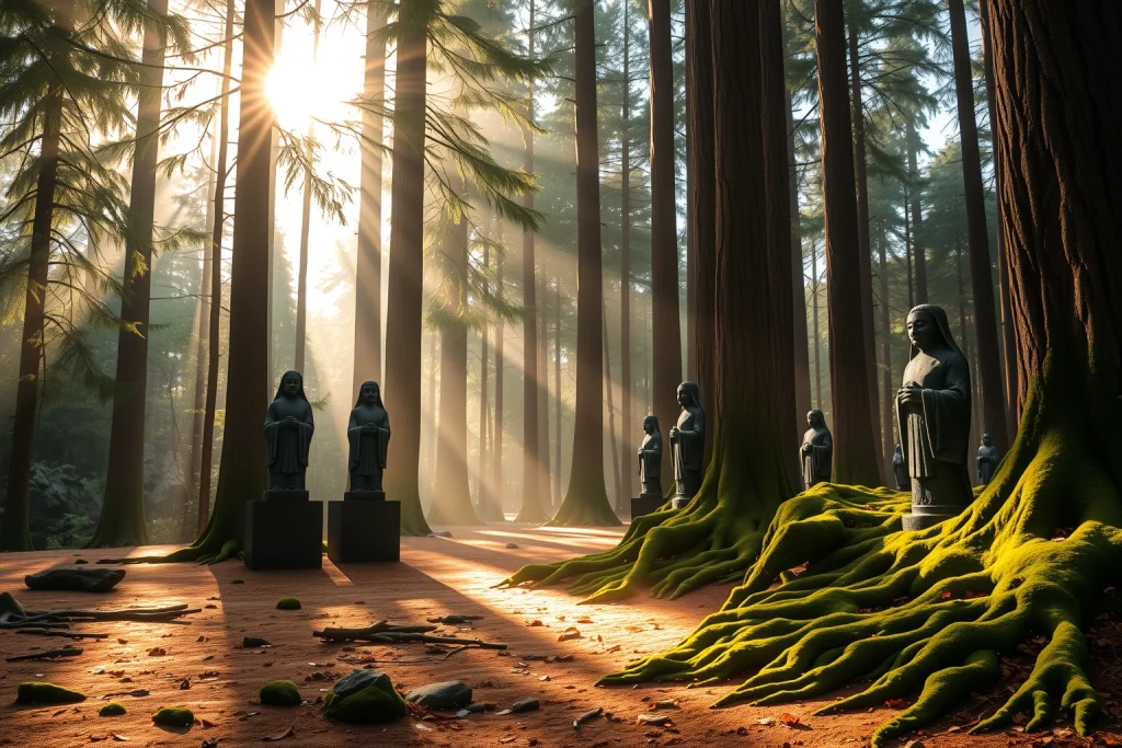 A serene forest clearing with ancient stone statues of wise elders, soft morning light filtering through tall trees, moss-covered roots and gentle mist, symbolizing wisdom and tranquility to avoid problems with 'mudrentsy' (wise ones), no text or symbols, peaceful and harmonious atmosphere