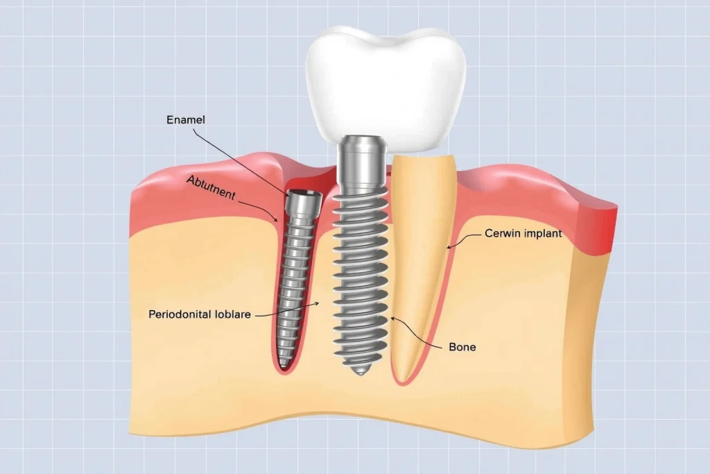 A professional medical illustration showing a dental implant procedure: a cross-sectional view of a human jawbone with a titanium implant screw integrated into the bone, an abutment attached to the implant, and a ceramic crown on top. Surrounding soft tissue (gums) is visible and healthy. The image includes labeled anatomical structures: enamel, dentin, pulp, periodontal ligament, and bone. Clean, clinical background with subtle grid lines for scale. No text, letters, or digits appear in the ima