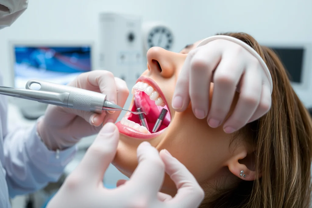 A professional dental clinic setting showing a dentist examining a patient's mouth with dental tools, focusing on the jaw area where dental implants would be placed, with subtle visual hints of bone structure and gum tissue, in a clean, well-lit environment with medical equipment in the background