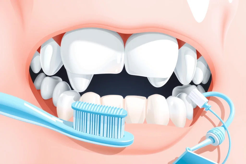 A close-up illustration of healthy adult molars and premolars with strong enamel, surrounded by gentle dental care tools like a soft toothbrush, fluoride toothpaste tube, and dental floss, set against a clean, neutral background with subtle light reflections to emphasize oral hygiene and prevention of dental issues