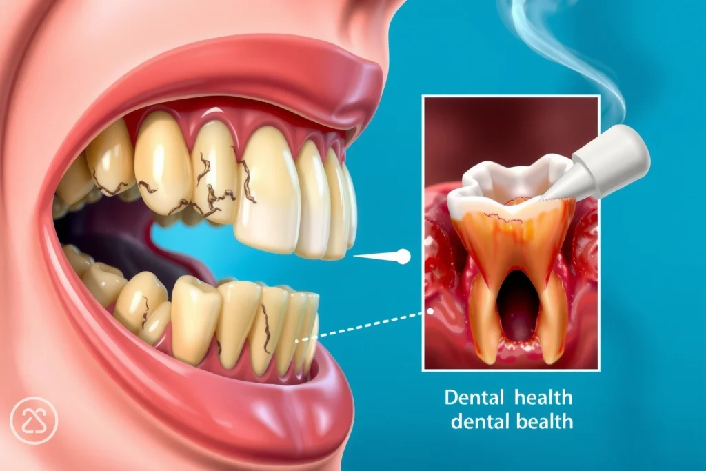 A detailed illustration showing the negative effects of smoking on dental health: a close-up of a human mouth with yellowed, stained teeth, visible plaque buildup, inflamed and receding gums, and one tooth showing signs of decay or loss, set against a clean medical background to emphasize the contrast between healthy and damaged oral tissue