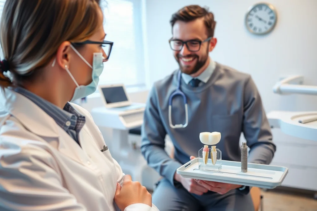 A professional dental clinic setting showing a dentist explaining dental implant options to a patient, with a clear visual of a dental implant model and jawbone structure on a nearby tray, soft natural lighting, modern equipment in the background, focus on trust and clarity in patient-doctor communication