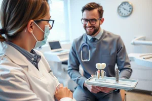 A professional dental clinic setting showing a dentist explaining dental implant options to a patient, with a clear visual of a dental implant model and jawbone structure on a nearby tray, soft natural lighting, modern equipment in the background, focus on trust and clarity in patient-doctor communication