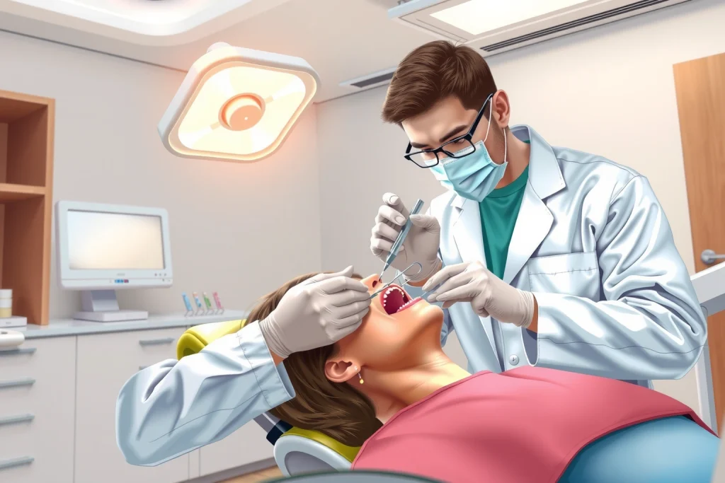 A detailed, realistic illustration of a dental tooth extraction procedure in a modern dental clinic, showing a dentist in a white coat and mask using dental forceps to gently remove a tooth from a patient's mouth, with the patient lying back in a dental chair, bright overhead light, dental tray with instruments nearby, and a calm, professional atmosphere; focus on accurate anatomy and clinical setting without any text or labels