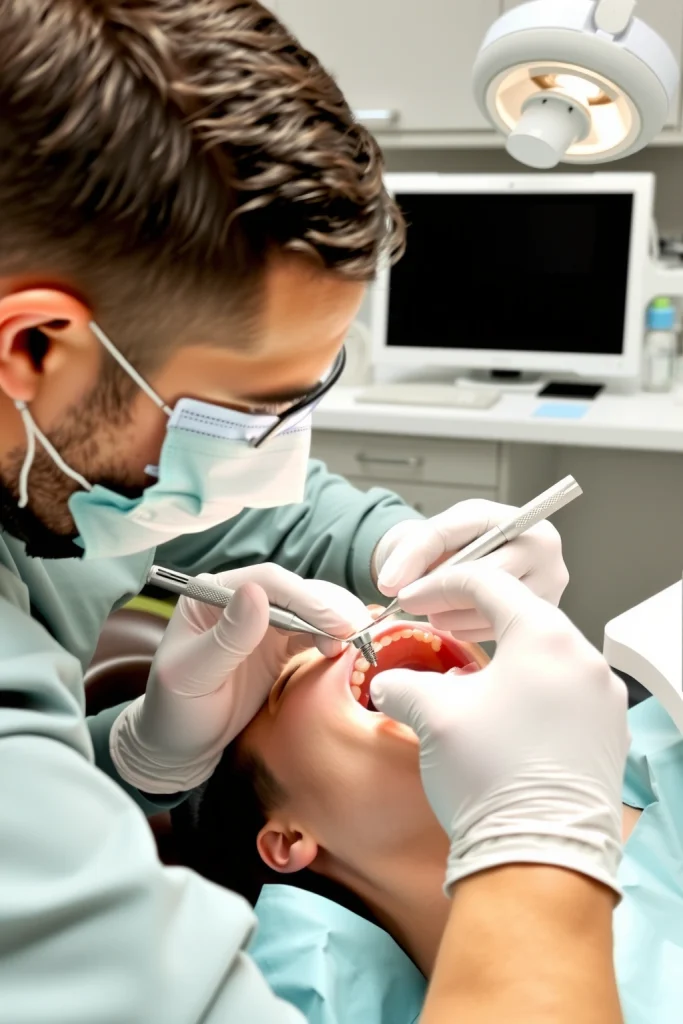 A professional dental clinic scene showing a dentist performing a successful dental implant procedure on a patient, with clear view of the implant placement, dental tools, and modern equipment, emphasizing precision and care