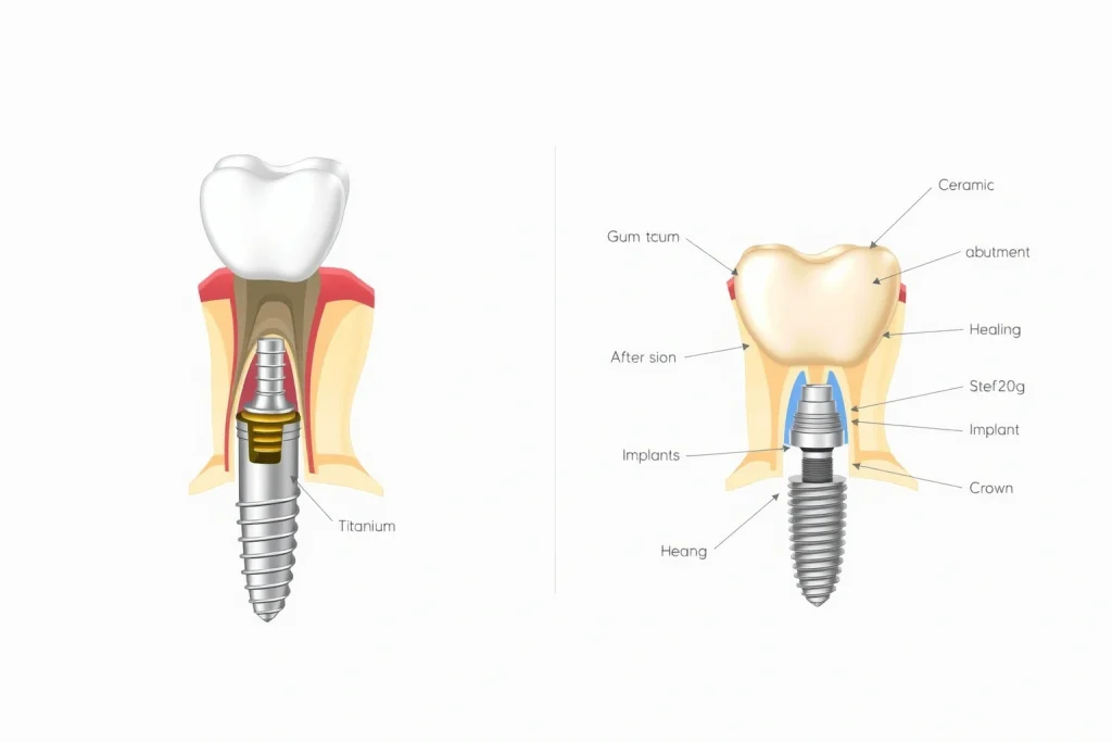 A detailed medical illustration showing the dental implant process: on the left, a cross-section of a jawbone with a missing tooth and a titanium implant being surgically placed into the bone; on the right, the same area after healing, with the implant integrated and a ceramic crown attached, demonstrating the final result. Include labeled anatomical structures: gum tissue, bone, implant abutment, and crown. Use clean, professional medical illustration style with soft lighting and neutral backgr