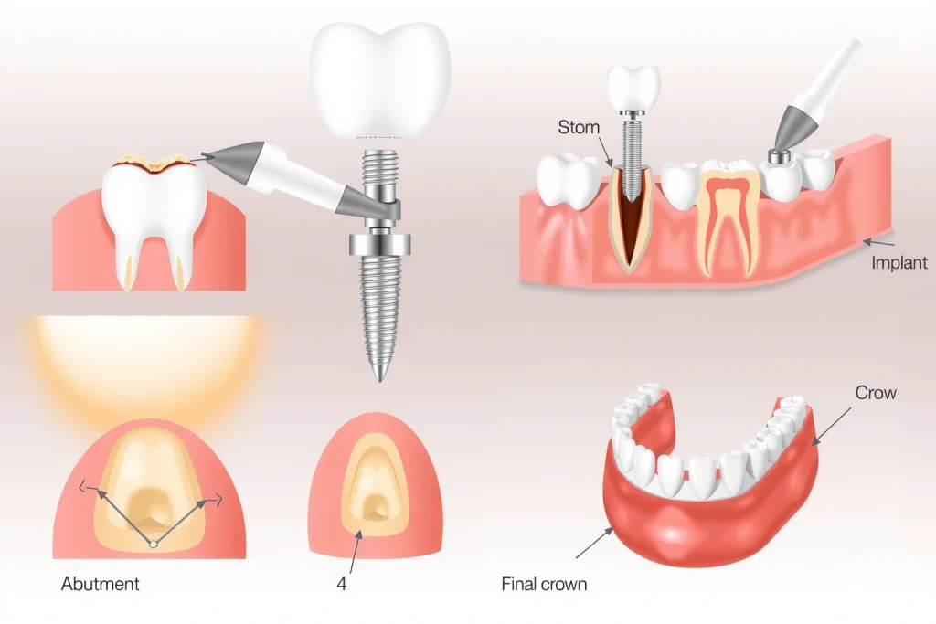 A detailed medical illustration showing the main stages of dental implantation: first, a tooth extraction site with damaged root; second, a titanium implant being surgically placed into the jawbone; third, the abutment attached to the implant; fourth, the final crown placed on the abutment. Include cross-sectional views of gum and bone tissue, with clear labels in a clean, educational style. Show a human jaw in semi-transparent overlay to highlight anatomical placement.