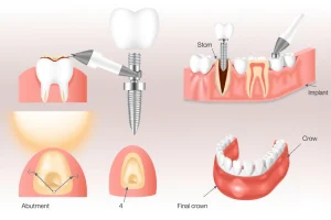 A detailed medical illustration showing the main stages of dental implantation: first, a tooth extraction site with damaged root; second, a titanium implant being surgically placed into the jawbone; third, the abutment attached to the implant; fourth, the final crown placed on the abutment. Include cross-sectional views of gum and bone tissue, with clear labels in a clean, educational style. Show a human jaw in semi-transparent overlay to highlight anatomical placement.