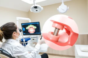 A modern dental clinic interior with a dentist examining a patient's teeth using advanced imaging technology, showing a close-up of a dental implant being placed into a jawbone model, soft natural lighting, professional and calm atmosphere