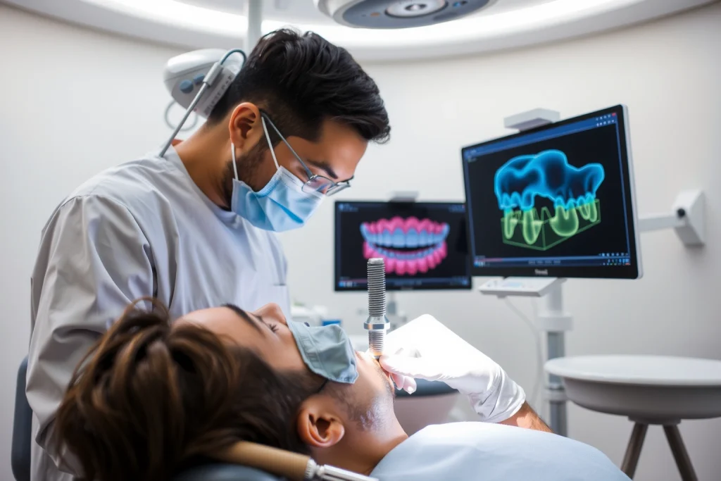 A modern dental clinic interior with a dentist performing a dental implant procedure on a patient, showing close-up of titanium implant being placed into jawbone, digital 3D scan of teeth on a monitor nearby, sterile environment with advanced dental tools, soft natural lighting, realistic medical details