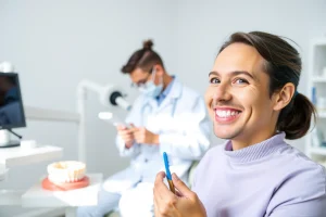 A smiling adult person with healthy, white teeth, sitting in a bright modern dental clinic, holding a toothbrush and dental floss, with a dentist in the background checking a dental model on a counter, soft natural lighting, clean and professional environment