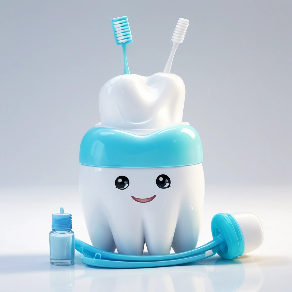 A close-up illustration of a dental crown on a tooth, showing proper oral hygiene tools like a soft-bristled toothbrush, dental floss, and antimicrobial mouthwash nearby, with a clean, bright background suggesting a dental care setting