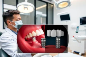 A modern dental clinic interior with a dentist in a white coat examining a patient's mouth, showing a close-up of dental implants being placed into the jawbone, with detailed views of titanium implant posts and prosthetic crowns, soft natural lighting, medical equipment in the background, clean and professional atmosphere
