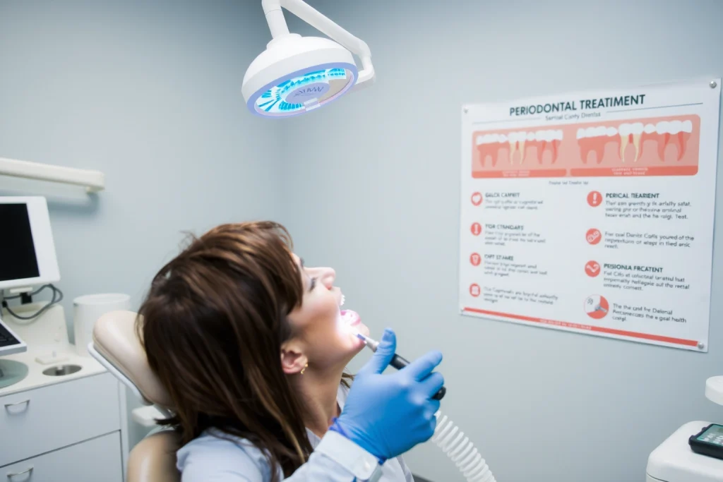 A dental clinic scene showing a dentist examining a patient's teeth with a dental mirror and probe, with a dental chair, equipment, and a wall chart about gum health, illustrating effective periodontal treatment methods