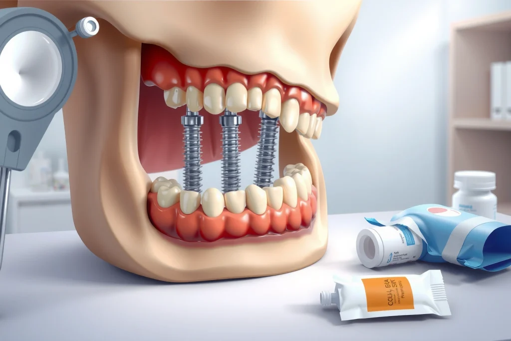 A detailed medical illustration showing a human jaw with dental implants placed in the bone, surrounded by soft tissue healing, with visible osseointegration and post-operative care elements like gauze, ice pack, and prescribed medication nearby, all in a clean, clinical setting with soft natural lighting