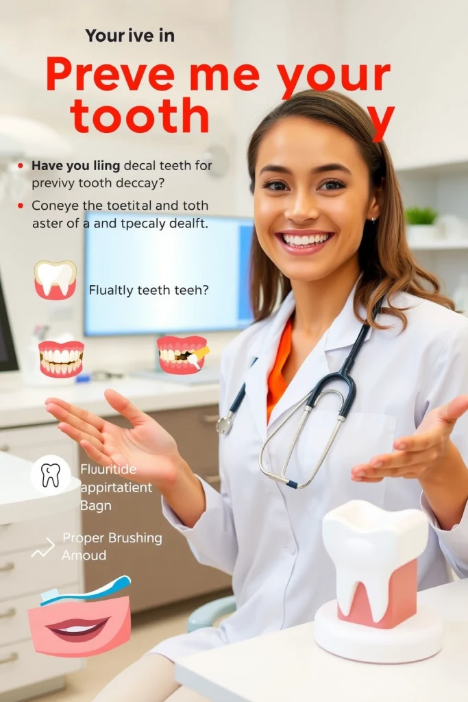 A friendly dentist in a modern clinic giving advice on preventing tooth decay, with clear visual elements like healthy teeth, fluoride application, proper brushing technique, and a dental model, in a clean and professional setting