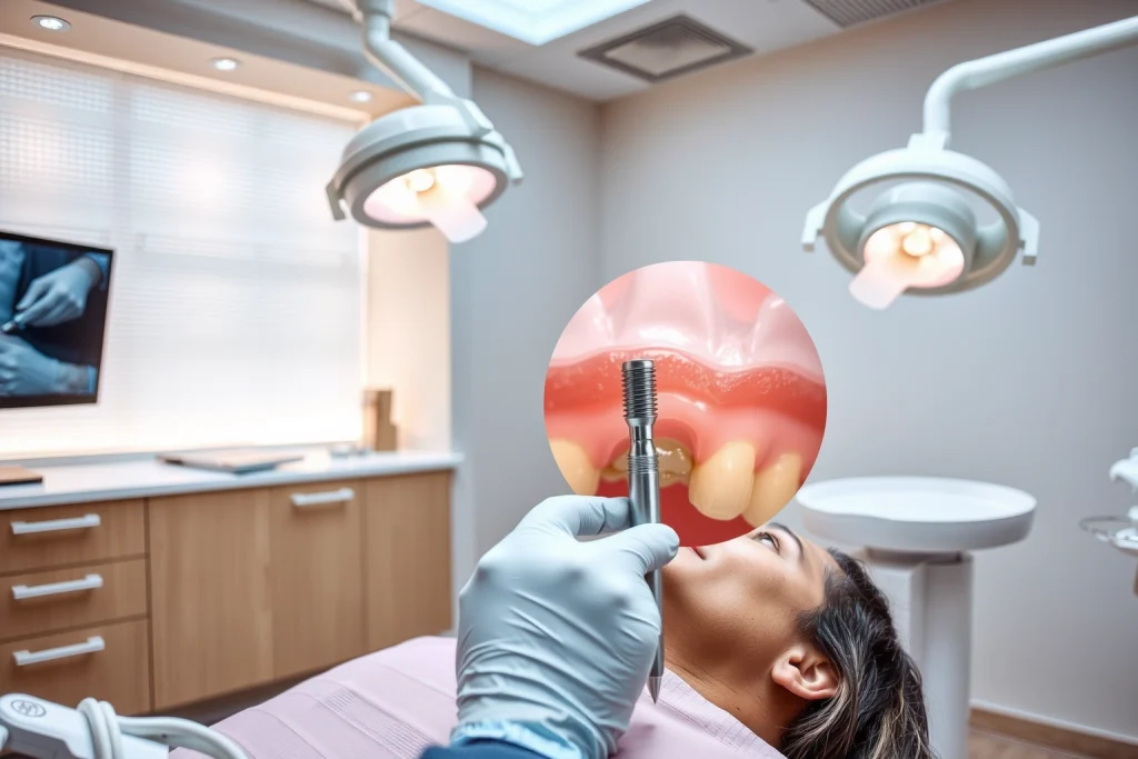 A modern dental clinic interior showing a dentist performing a dental implant procedure on a patient, with close-up view of the jawbone and titanium implant being placed, surrounded by dental tools, soft ambient lighting, and a calm, professional atmosphere
