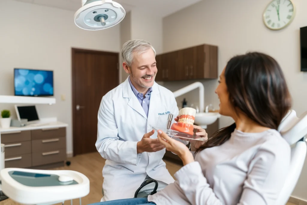 A calm, modern dental clinic interior with a smiling dentist in a white coat explaining dental implant procedure to a patient sitting in a dental chair, holding a 3D model of a jaw with visible implants, soft natural lighting, medical equipment in background, clean and professional atmosphere