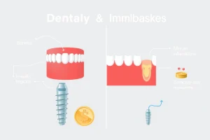 A balanced visual comparison showing dental implants: on one side, a healthy, natural-looking smile with implants seamlessly integrated into gums and jawbone, highlighting benefits like durability and aesthetics; on the other side, subtle indicators of potential drawbacks such as minor gum inflammation, surgical site, or cost symbols (e.g., a small coin stack), all rendered in a clean, medical-illustration style with soft lighting and neutral background
