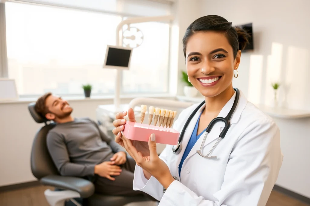 A calm, modern dental clinic interior with a smiling dentist in a white coat holding a dental implant model, a patient relaxing in a dental chair, soft natural light from large windows, subtle medical equipment in the background, warm and reassuring atmosphere, no text or symbols visible
