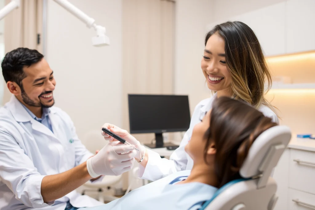 A professional dental clinic interior with a smiling dentist in a white coat examining a patient's teeth using modern dental equipment, warm lighting, clean and welcoming atmosphere, focus on trust and care