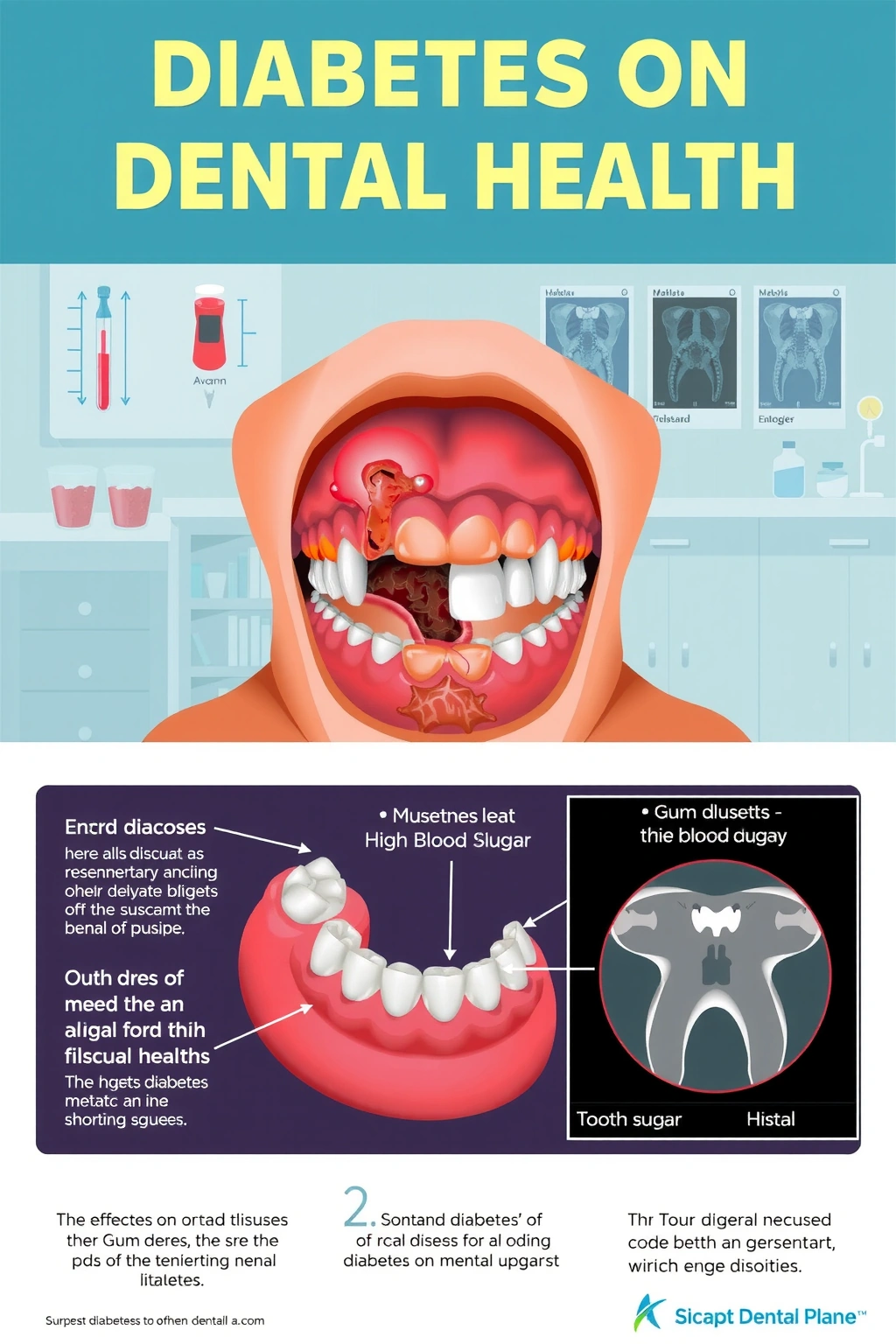 A detailed illustration showing the impact of diabetes on dental health, featuring a close-up of a person's mouth with visible signs of gum disease and tooth decay, alongside a medical diagram highlighting the effects of high blood sugar on oral tissues, with a background of a laboratory setting showing blood glucose levels and dental X-rays, in a clear and educational style