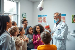 A clean, modern dental clinic interior with a smiling dentist in a white coat demonstrating proper brushing technique to a diverse group of adults and children, holding a toothbrush and model of teeth, with posters on the wall showing healthy gums and cavities, soft natural lighting, realistic details