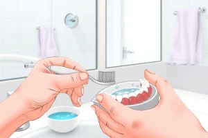 A close-up illustration of a person's hands gently cleaning a full set of dentures with a soft-bristled brush and denture cleaning solution in a small white bowl, placed on a clean bathroom countertop with a mirror in the background showing a calm, well-lit bathroom environment. The dentures are clearly visible, showing realistic texture and shape, with water droplets and foam from the cleaning process. No text, labels, or numbers appear in the image.
