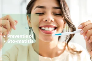 A clean, modern dental hygiene scene showing a person brushing teeth with a soft toothbrush, using dental floss, and rinsing with mouthwash, set in a bright bathroom with natural light, emphasizing oral care and prevention of stomatitis, no text or symbols visible