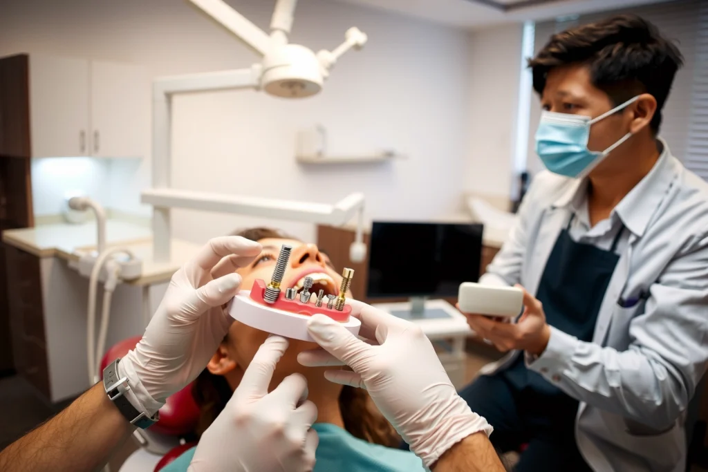 A professional dental clinic interior with a dentist examining a patient's mouth, showing dental implants on a model jaw, clean modern equipment, soft lighting, focus on dental care and implant procedure