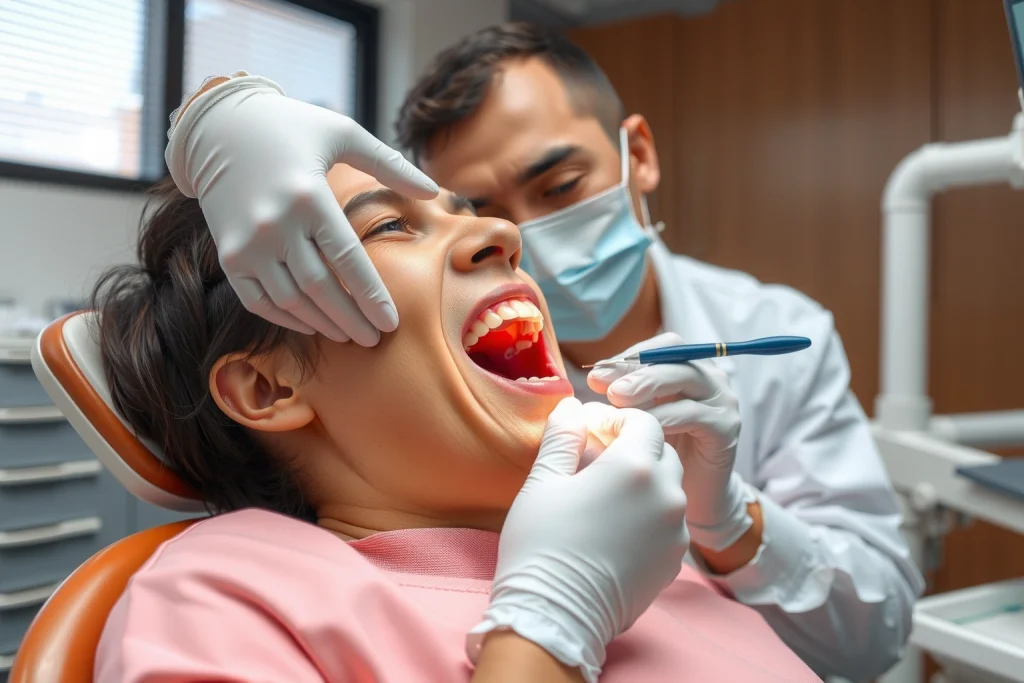 A photorealistic scene of a dentist in a clean, modern dental clinic examining a patient’s mouth, showing inflamed gums characteristic of stomatitis, with the dentist wearing gloves and a mask, the patient seated in a dental chair, and a dental chair’s equipment visible in the background, all depicted without any text or symbols