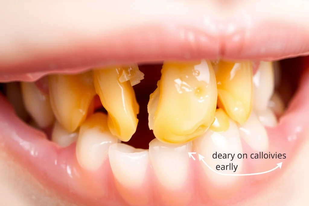 A close-up illustration of human teeth showing signs of calcium deficiency: weakened enamel with visible microfractures, yellowish discoloration, and early cavities, set against a soft neutral background to emphasize dental health impact