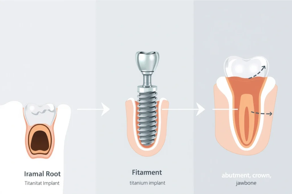 A detailed medical illustration showing the dental implant process: on the left, a tooth extraction site with damaged root; in the center, a titanium implant being surgically placed into the jawbone; on the right, the final result with a natural-looking crown attached to the implant, surrounded by healthy gum tissue. Include cross-sectional views of bone and gum layers, with clear labels in English (e.g., 'implant', 'abutment', 'crown', 'jawbone') using clean, professional medical illustration s