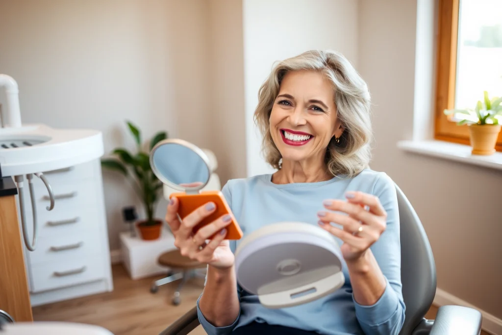 A warm, inviting dental clinic scene showing a smiling middle-aged woman with natural-looking dental implants, sitting in a modern dental chair, holding a mirror to admire her restored smile. Soft natural light from a window illuminates the room, with subtle dental tools and a potted plant in the background. The focus is on her genuine joy and confidence, emphasizing the emotional transformation of regaining a beautiful smile through dental implantation.