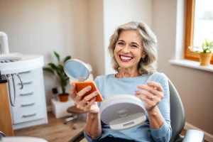A warm, inviting dental clinic scene showing a smiling middle-aged woman with natural-looking dental implants, sitting in a modern dental chair, holding a mirror to admire her restored smile. Soft natural light from a window illuminates the room, with subtle dental tools and a potted plant in the background. The focus is on her genuine joy and confidence, emphasizing the emotional transformation of regaining a beautiful smile through dental implantation.