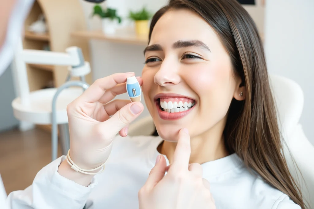 A smiling adult patient sitting in a modern dental clinic, showing healthy, natural-looking dental implants in their mouth, with a dentist gently pointing to the implants using a mirror, soft natural lighting, clean clinical environment, subtle dental tools in the background, focus on oral health and long-term care