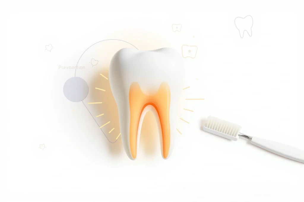 A clean, modern dental illustration showing a healthy human tooth with visible roots, surrounded by gentle protective elements like a soft shield or glowing aura, symbolizing prevention and care; background is light and clinical, with subtle dental tools and hygiene items like a toothbrush and floss arranged neatly nearby; no text, no labels, no numbers, no signs of decay or pain