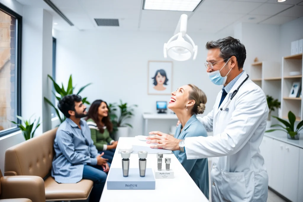 A modern dental clinic interior with a dentist in a white coat examining a patient's smile, dental implant models on a counter, soft natural lighting, clean and professional atmosphere, diverse patients of different ages and ethnicities waiting calmly in a comfortable reception area with plants and minimalist design