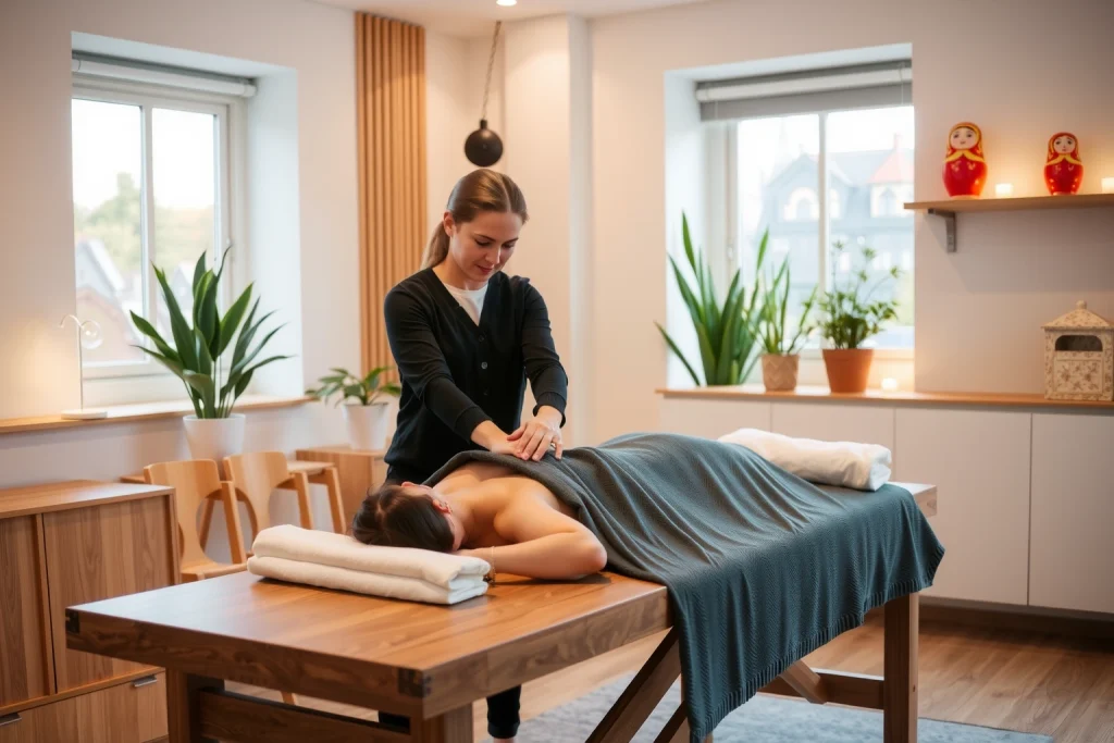 A professional massage therapist demonstrating a technique on a client in a bright, modern massage studio in Moscow, with wooden massage table, soft lighting, plants in the background, and subtle Russian architectural details like a matryoshka doll on a shelf — warm, inviting, and serene atmosphere