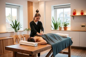 A professional massage therapist demonstrating a technique on a client in a bright, modern massage studio in Moscow, with wooden massage table, soft lighting, plants in the background, and subtle Russian architectural details like a matryoshka doll on a shelf — warm, inviting, and serene atmosphere