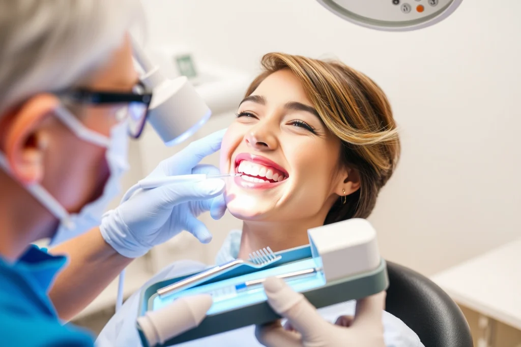 A bright, clean dental clinic interior with a smiling patient showing white teeth being examined by a dentist using a professional LED whitening light, modern dental tools on a tray, soft natural lighting, focus on oral hygiene and teeth whitening process