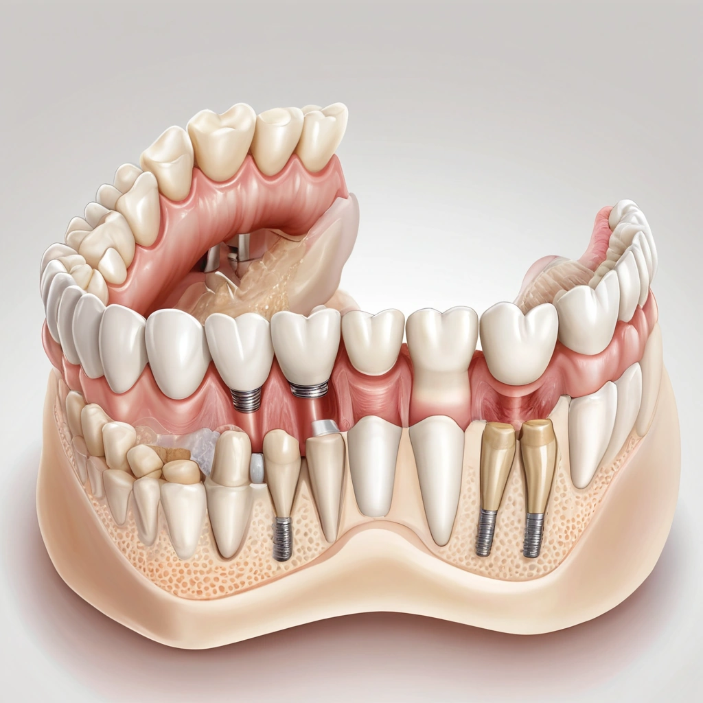 A clear, educational illustration comparing dental implantation and dental prosthetics: on the left, a detailed cross-section of a jawbone showing a titanium dental implant integrated into the bone with a crown attached; on the right, a traditional dental bridge or removable denture resting on adjacent natural teeth or gums without bone integration. Use clean anatomical labels (implant, abutment, crown, bridge, denture, gum, bone) in a neutral, professional medical illustration style. Background