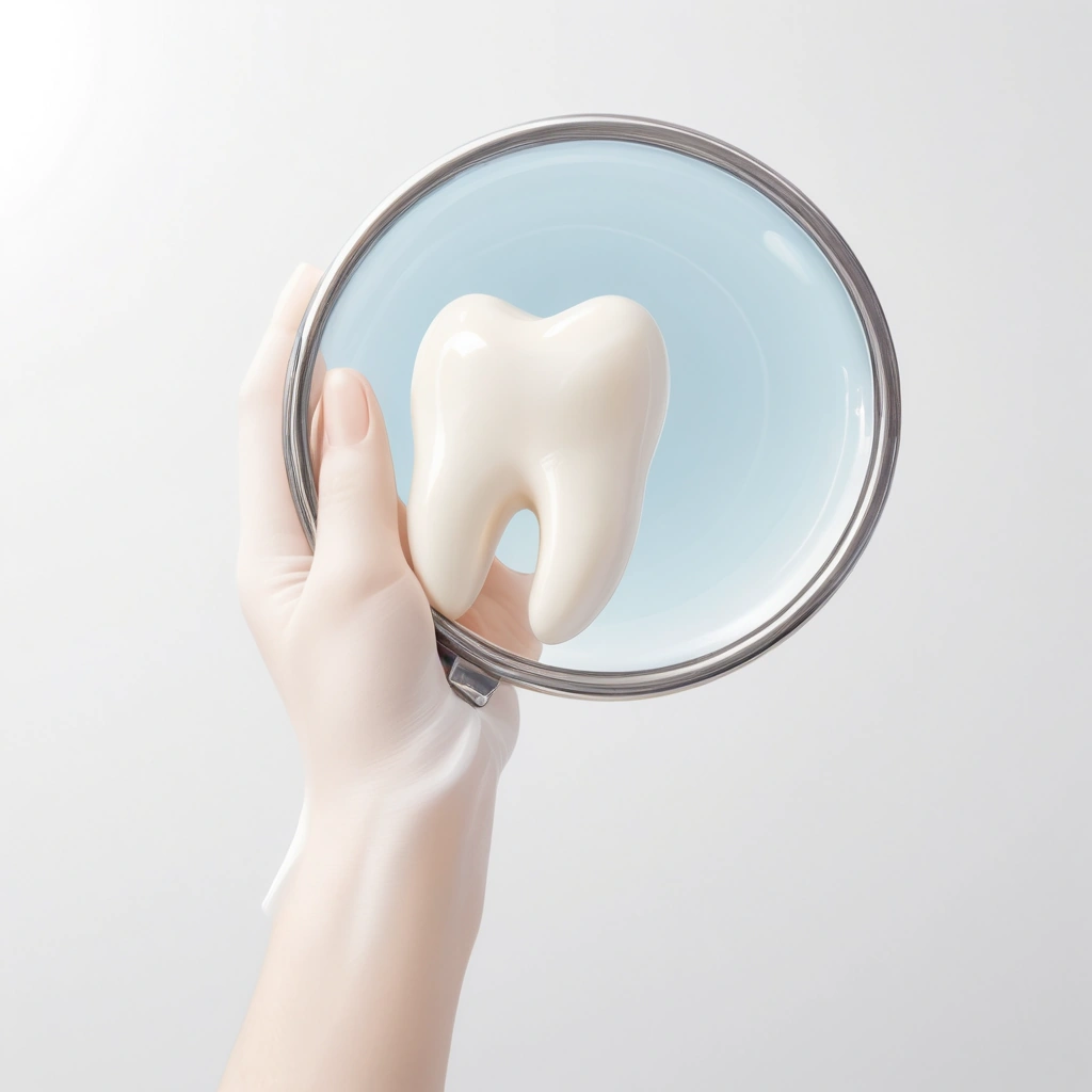 A close-up illustration of a human hand gently holding a lost tooth, with a soft dental mirror and gauze nearby on a clean white surface, symbolizing proper handling of a lost tooth, warm, natural lighting, medical accuracy, calm and reassuring atmosphere