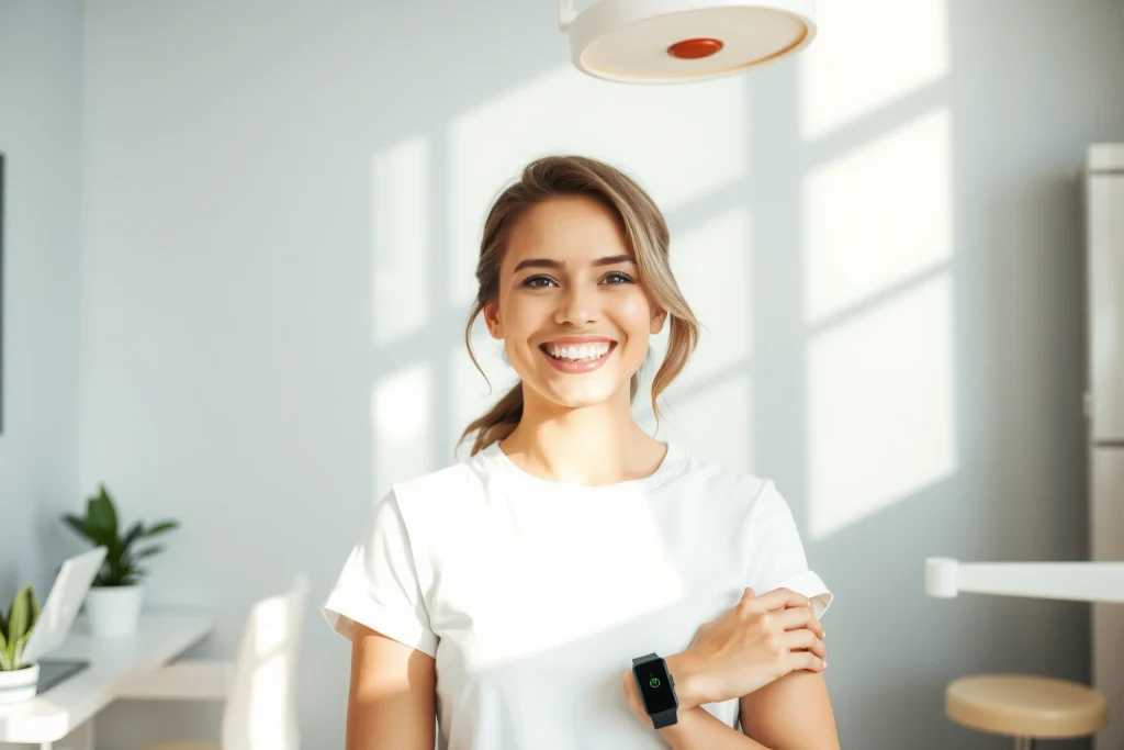 A healthy adult smiling confidently smiling with bright, clean teeth, standing in a modern dental clinic with soft natural light, surrounded by subtle symbols of overall wellness — a small potted plant, a water glass, and a fitness tracker on the wrist — conveying the connection between oral health and general well-being