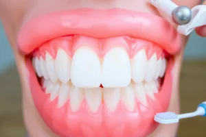 A close-up illustration of healthy pink gums surrounding clean white teeth, with a soft glowing effect to emphasize oral hygiene, no visible inflammation or redness, gentle dental floss and toothbrush nearby in the background, natural lighting, calm and reassuring atmosphere