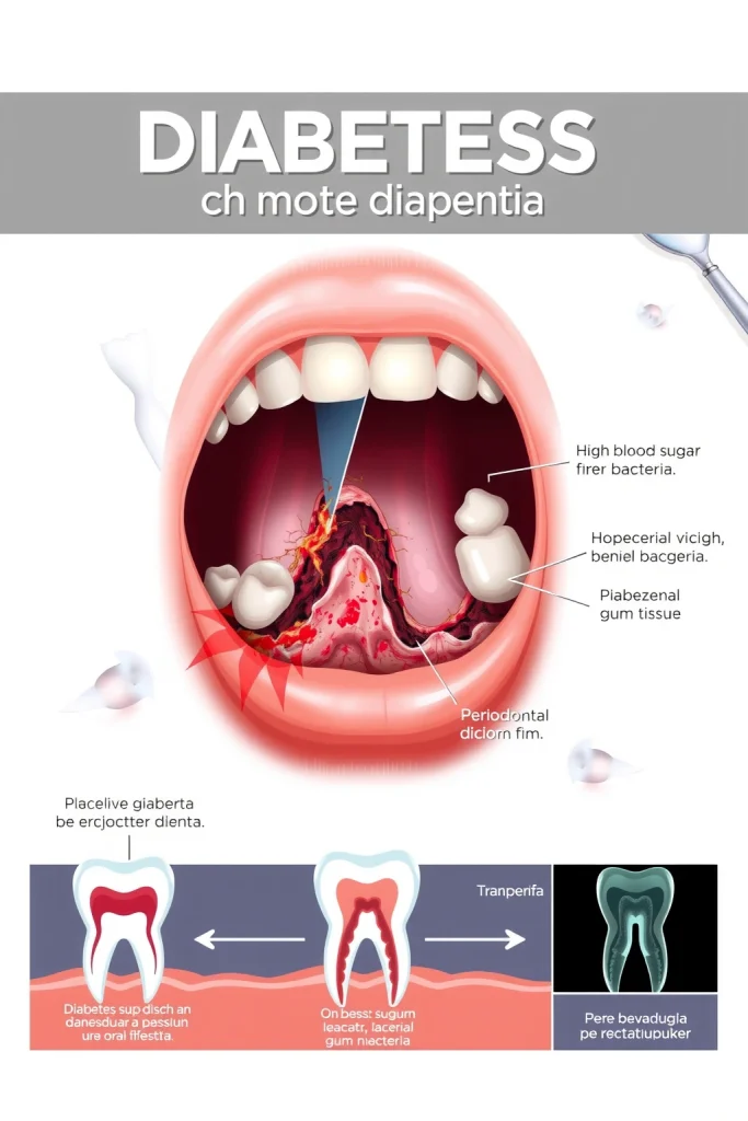 A detailed illustration showing the impact of diabetes on dental health, featuring a close-up of a person's mouth with visible gum disease and tooth decay, alongside a medical diagram illustrating how high blood sugar affects oral bacteria and gum tissue, with clear labels in Russian explaining the connection between diabetes and periodontal disease, set against a clean white background with medical professional elements like a dental mirror and X-ray film subtly visible
