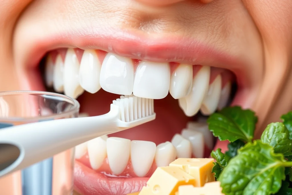 A close-up illustration of healthy human teeth with strong, smooth enamel, showing a toothbrush gently brushing the surface, a glass of water and calcium-rich foods like cheese and leafy greens nearby, soft natural lighting, dental hygiene theme, no text or symbols