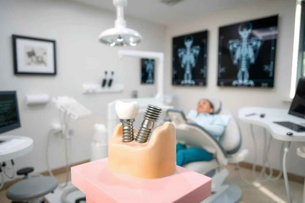 A modern dental clinic interior with a dentist and patient in a dental chair, showing a close-up of a dental implant being placed into a jawbone model, surrounded by dental tools, X-ray images on the wall, and a calm, professional atmosphere with soft natural lighting